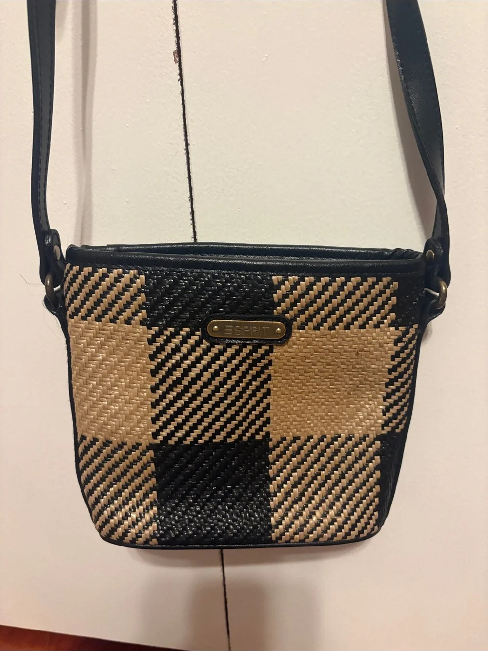 Vintage Esprit Black and Tan Plaid Crossbody Bag